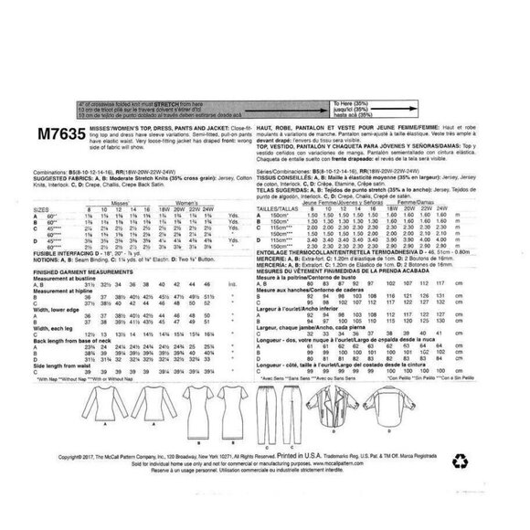 McCall's M7635 Misses 8 to 16 Jacket, Top, Dress and Pants Uncut Sewing Pattern - Picture 3 of 4